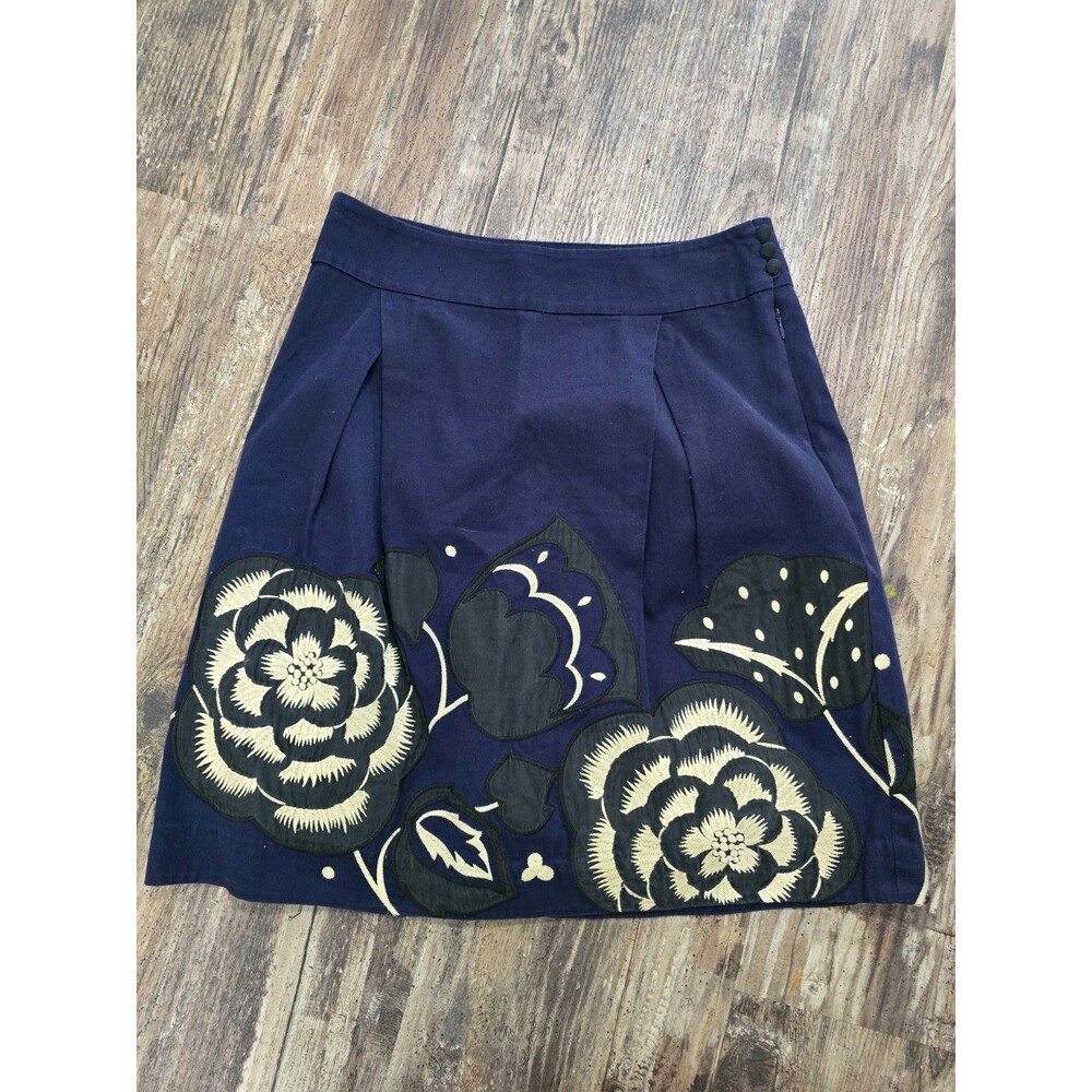 Anthropologie Floreat Navy Blue Floral Embroidered Aline Skirt 0